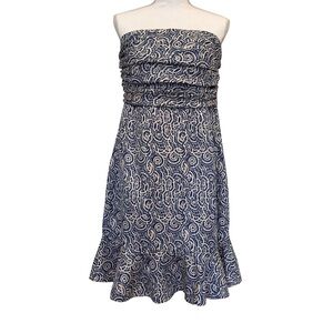 The Limited Strapless Blue Paisley Dress Ruched Bodice Flounce Hem Size 12
